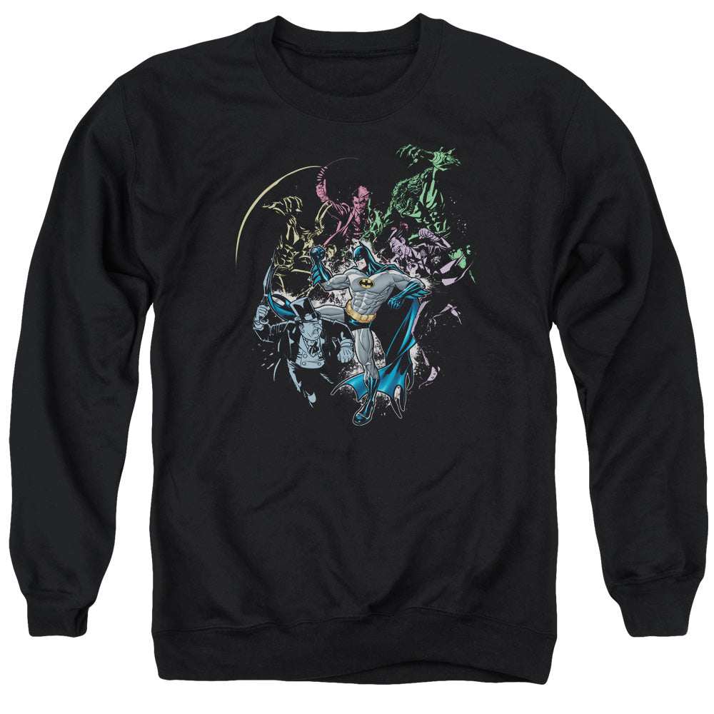 AN OFFCIALLY LICENSED BATMAN SURROUNDED ADULT UNISEX CREWNECK SWEATSHIRT BLACK