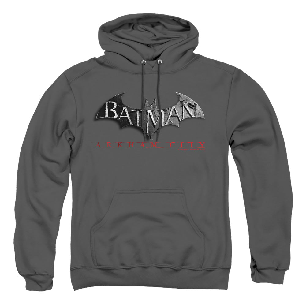 AN OFFCIALLY LICENSED ARKHAM CITY LOGO ADULT UNISEX PULLOVER HOODIE CHARCOAL
