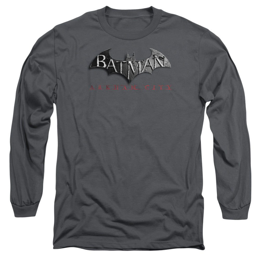 AN OFFCIALLY LICENSED ARKHAM CITY LOGO MEN'S LONG SLEEVE T-SHIRT CHARCOAL