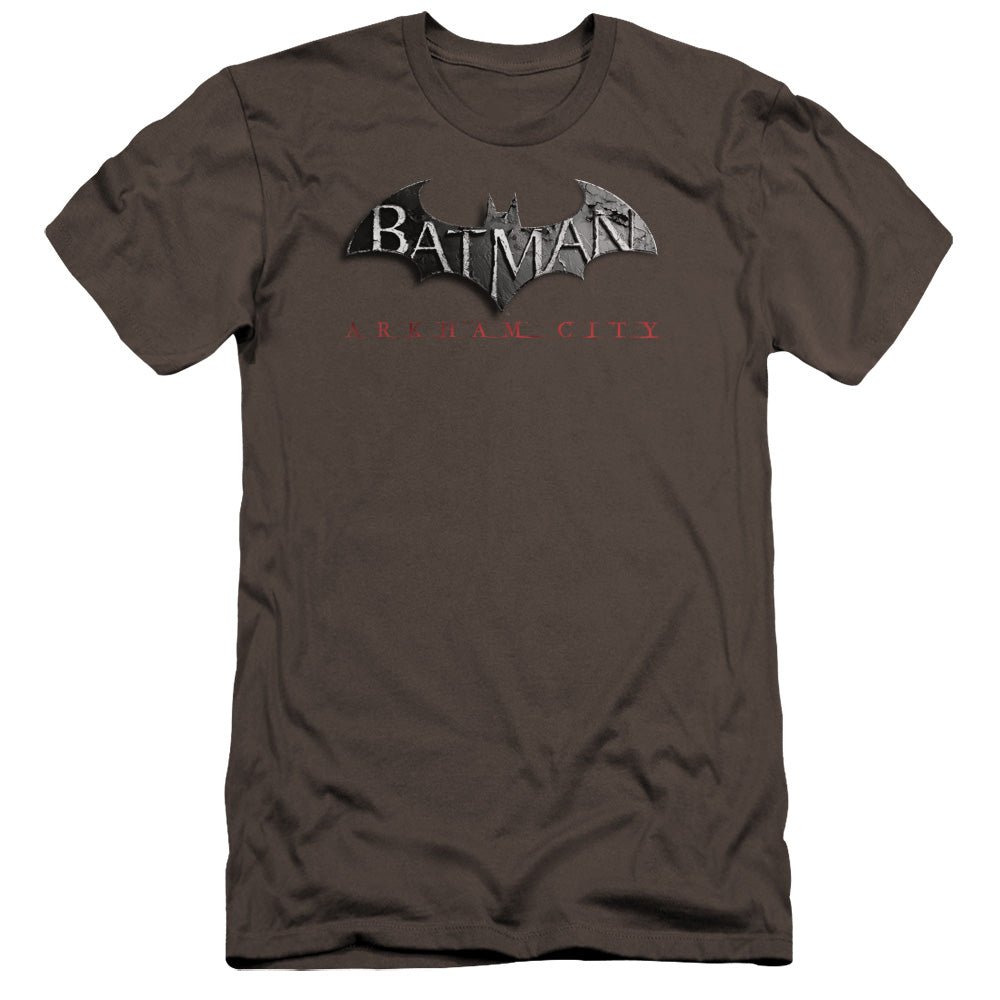AN OFFCIALLY LICENSED ARKHAM CITY LOGO MEN'S PREMIUM SLIM FIT T-SHIRT CHARCOAL