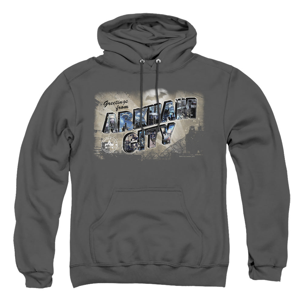 AN OFFCIALLY LICENSED ARKHAM CITY GREETINGS FROM ARKHAM ADULT UNISEX PULLOVER HOODIE CHARCOAL