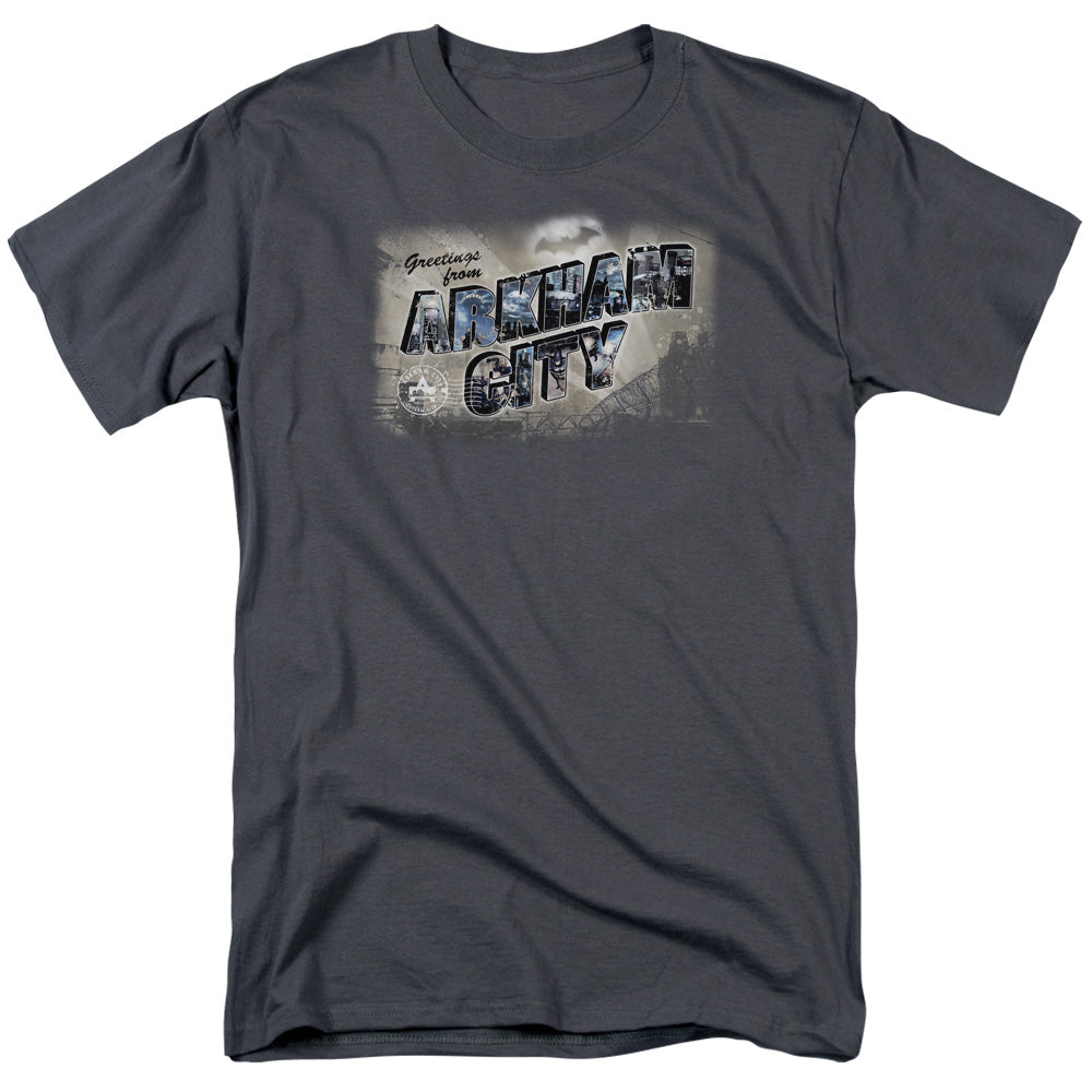 AN OFFCIALLY LICENSED ARKHAM CITY GREETINGS FROM ARKHAM MEN'S REGULAR FIT T-SHIRT CHARCOAL