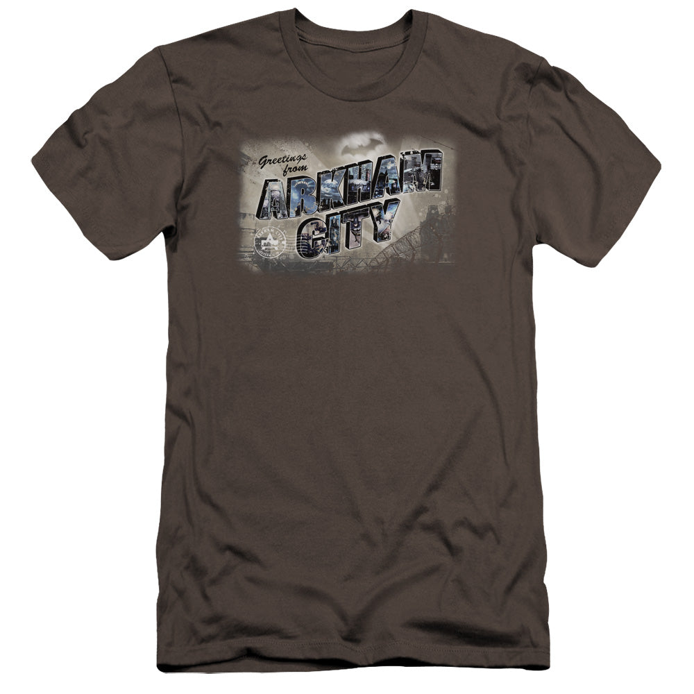 AN OFFCIALLY LICENSED ARKHAM CITY GREETINGS FROM ARKHAM MEN'S PREMIUM SLIM FIT T-SHIRT CHARCOAL