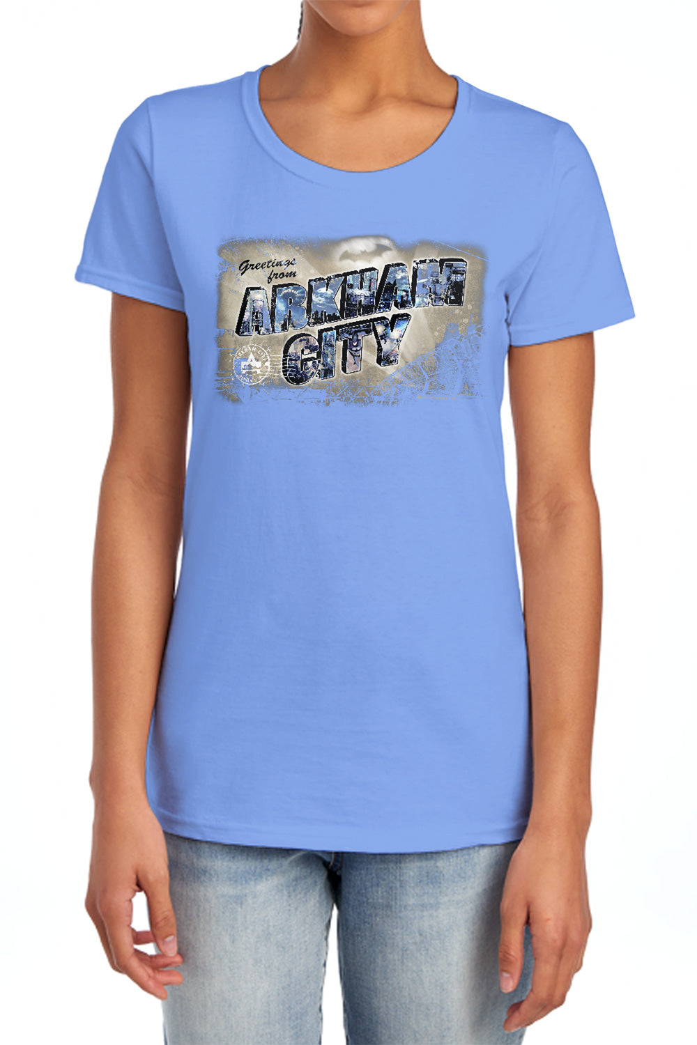 AN OFFCIALLY LICENSED ARKHAM CITY GREETINGS FROM ARKHAM WOMEN'S REGULAR FIT T-SHIRT CHARCOAL