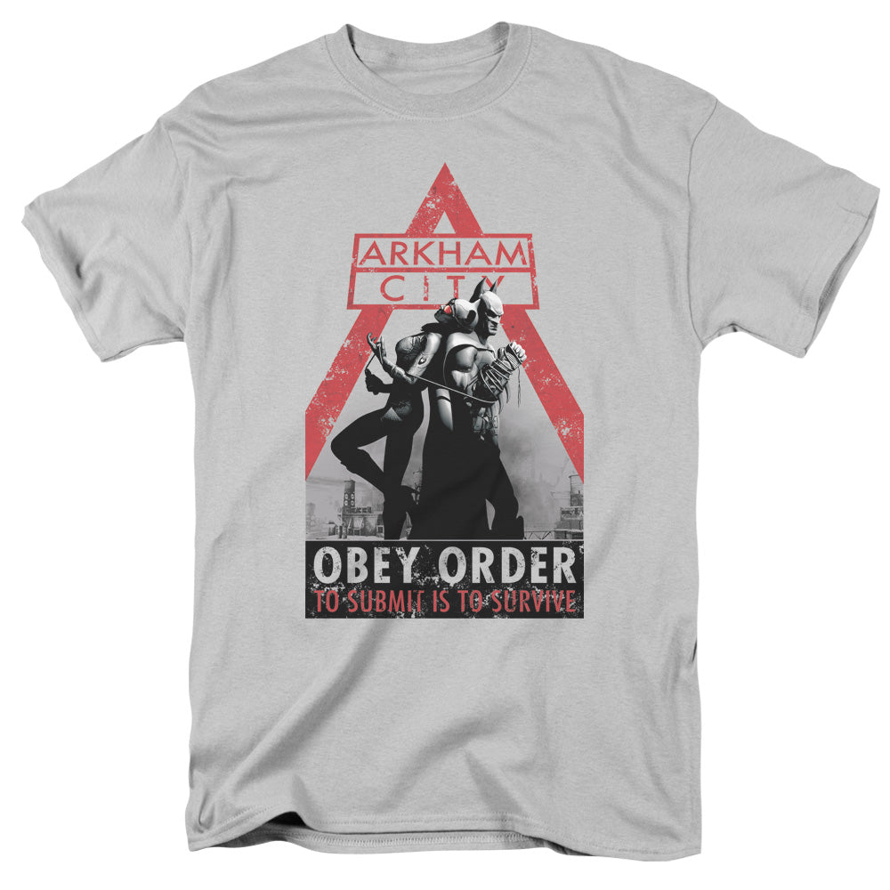 AN OFFCIALLY LICENSED ARKHAM CITY OBEY ORDER MEN'S REGULAR FIT T-SHIRT SILVER