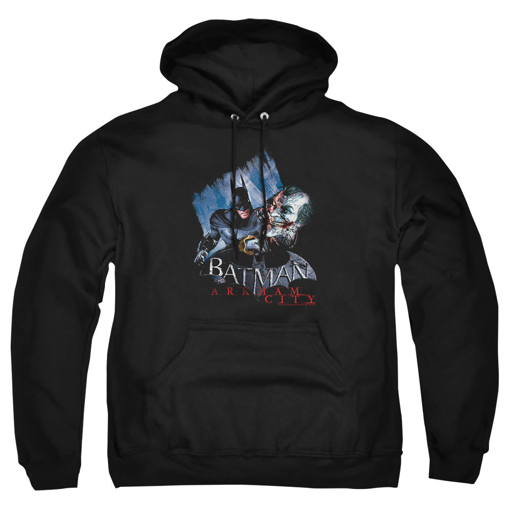 AN OFFCIALLY LICENSED ARKHAM CITY JOKES ON YOU! ADULT UNISEX PULLOVER HOODIE BLACK