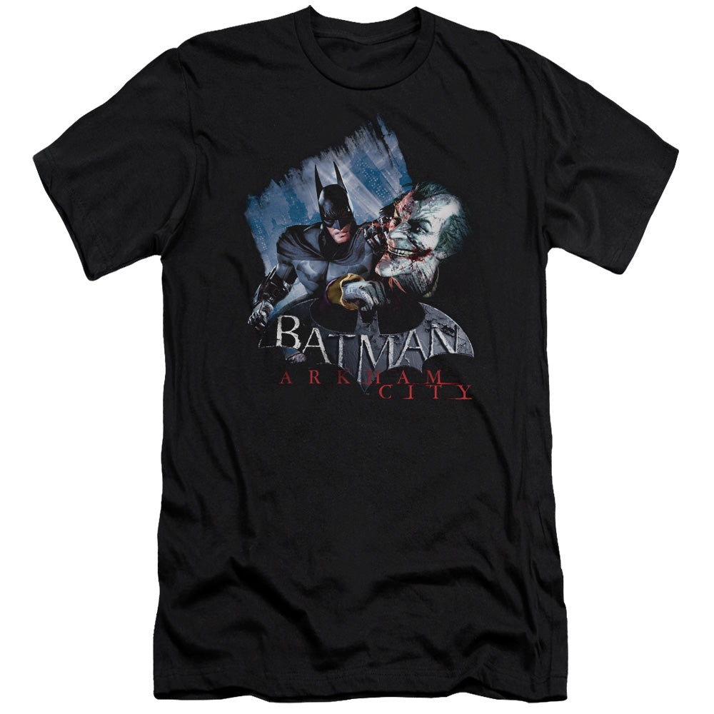 AN OFFCIALLY LICENSED ARKHAM CITY JOKES ON YOU! MEN'S PREMIUM SLIM FIT T-SHIRT BLACK