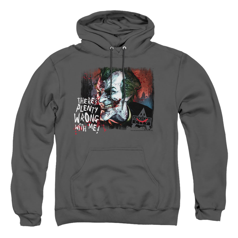 AN OFFCIALLY LICENSED ARKHAM CITY PLENTY WRONG ADULT UNISEX PULLOVER HOODIE CHARCOAL