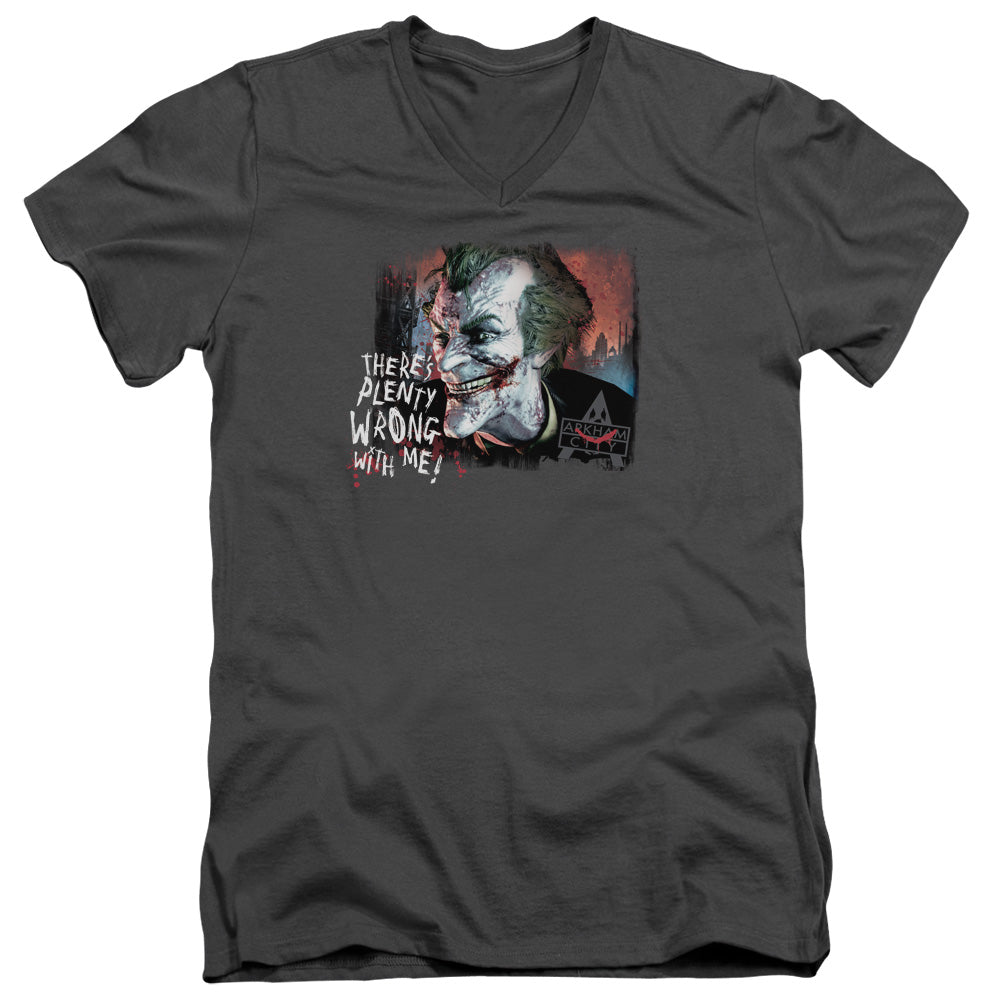 AN OFFCIALLY LICENSED ARKHAM CITY PLENTY WRONG MEN'S V-NECK T-SHIRT CHARCOAL