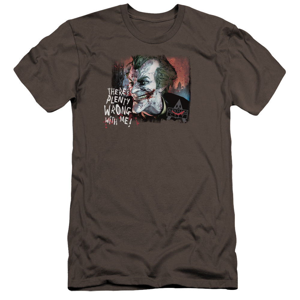 AN OFFCIALLY LICENSED ARKHAM CITY PLENTY WRONG MEN'S PREMIUM SLIM FIT T-SHIRT CHARCOAL
