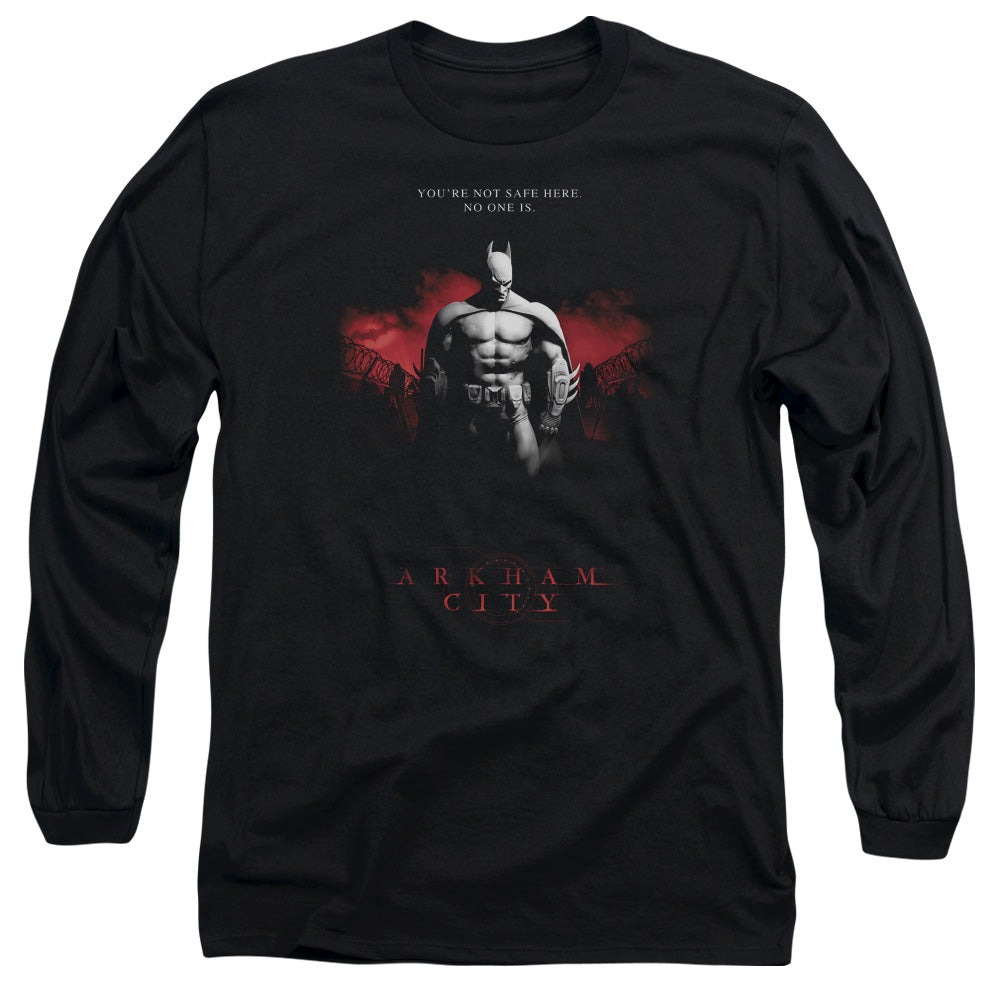AN OFFCIALLY LICENSED ARKHAM CITY STANDING STRONG MEN'S LONG SLEEVE T-SHIRT BLACK