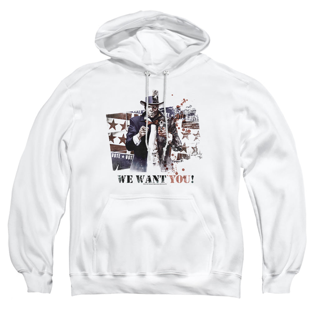 AN OFFCIALLY LICENSED ARKHAM CITY WE WANT YOU ADULT UNISEX PULLOVER HOODIE WHITE
