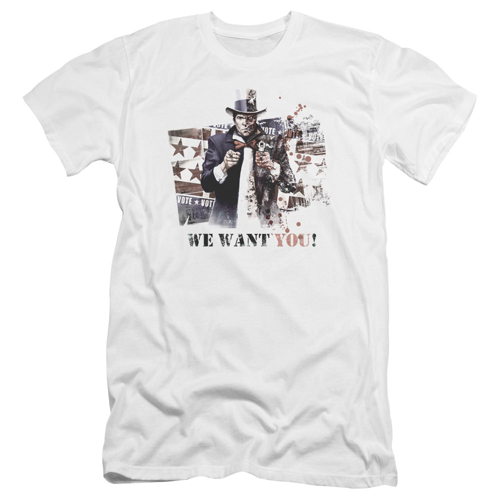 AN OFFCIALLY LICENSED ARKHAM CITY WE WANT YOU MEN'S PREMIUM SLIM FIT T-SHIRT WHITE