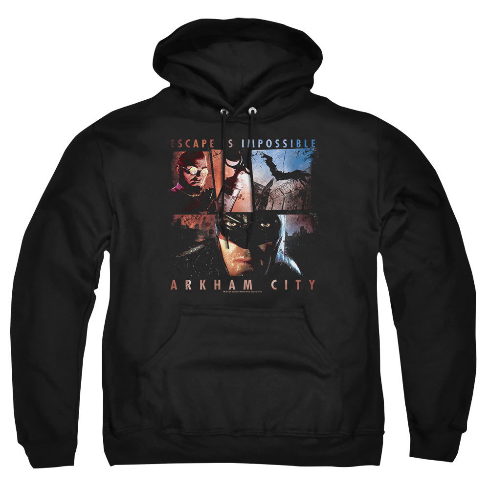 AN OFFCIALLY LICENSED ARKHAM CITY ESCAPE IS IMPOSSIBLE ADULT UNISEX PULLOVER HOODIE BLACK