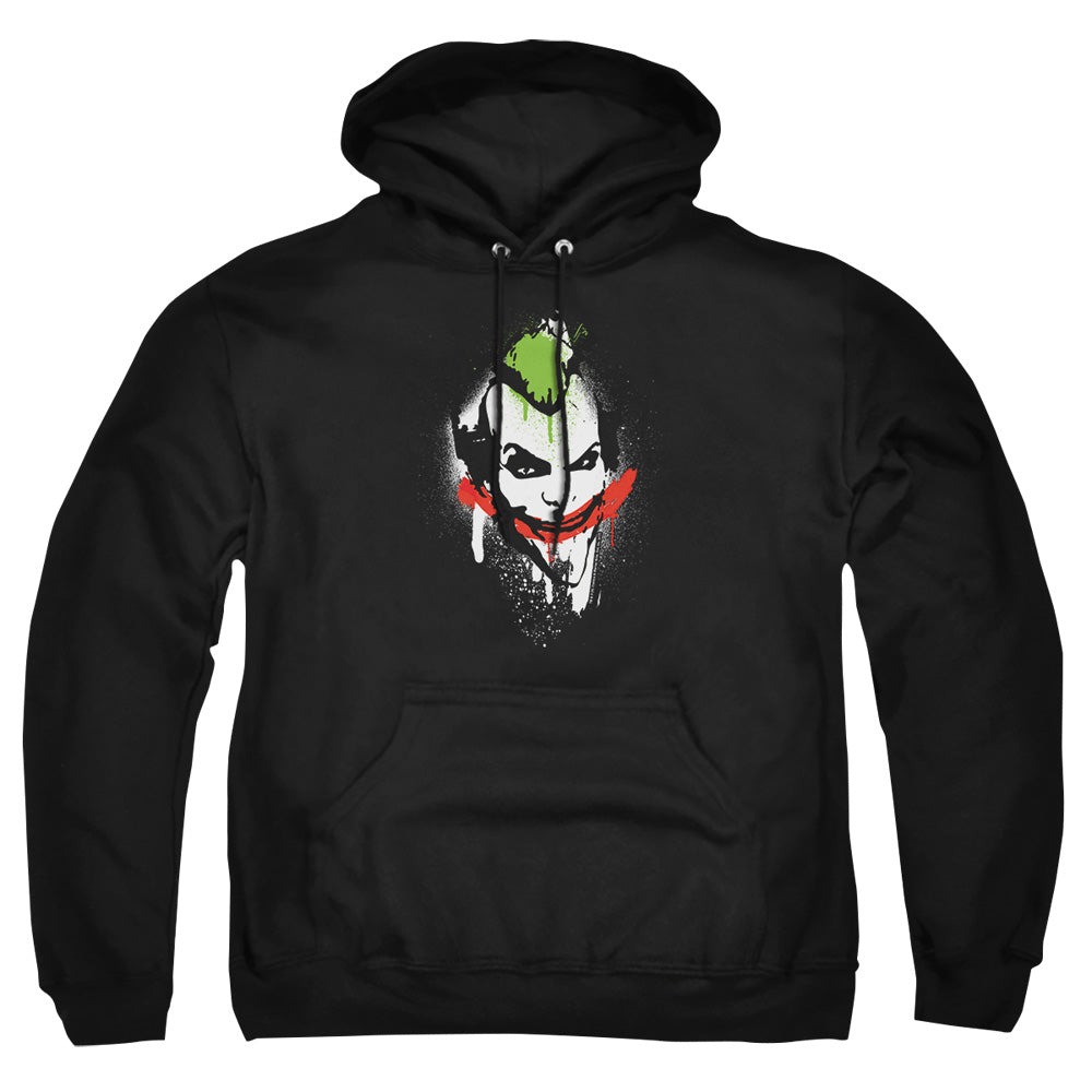 AN OFFCIALLY LICENSED ARKHAM CITY SPRAYPAINT SMILE ADULT UNISEX PULLOVER HOODIE BLACK