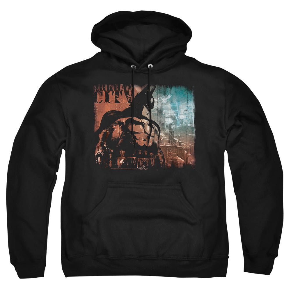 AN OFFCIALLY LICENSED ARKHAM CITY CITY KNOCKOUT ADULT UNISEX PULLOVER HOODIE BLACK