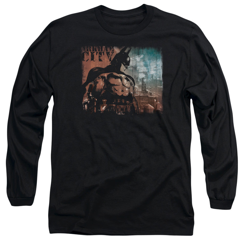 AN OFFCIALLY LICENSED ARKHAM CITY CITY KNOCKOUT MEN'S LONG SLEEVE T-SHIRT BLACK
