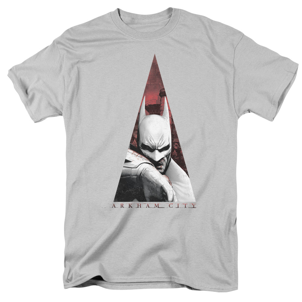 AN OFFCIALLY LICENSED ARKHAM CITY BAT TRIANGLE MEN'S REGULAR FIT T-SHIRT SILVER
