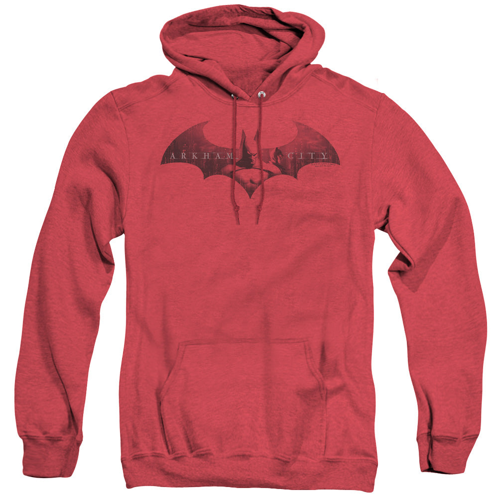 AN OFFCIALLY LICENSED ARKHAM CITY IN THE CITY ADULT UNISEX HEATHER PULLOVER HOODIE RED