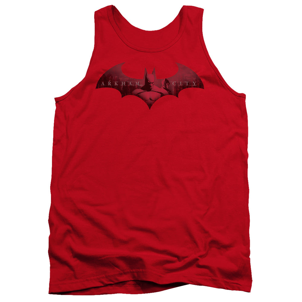 AN OFFCIALLY LICENSED ARKHAM CITY IN THE CITY ADULT UNISEX TANK TOP RED
