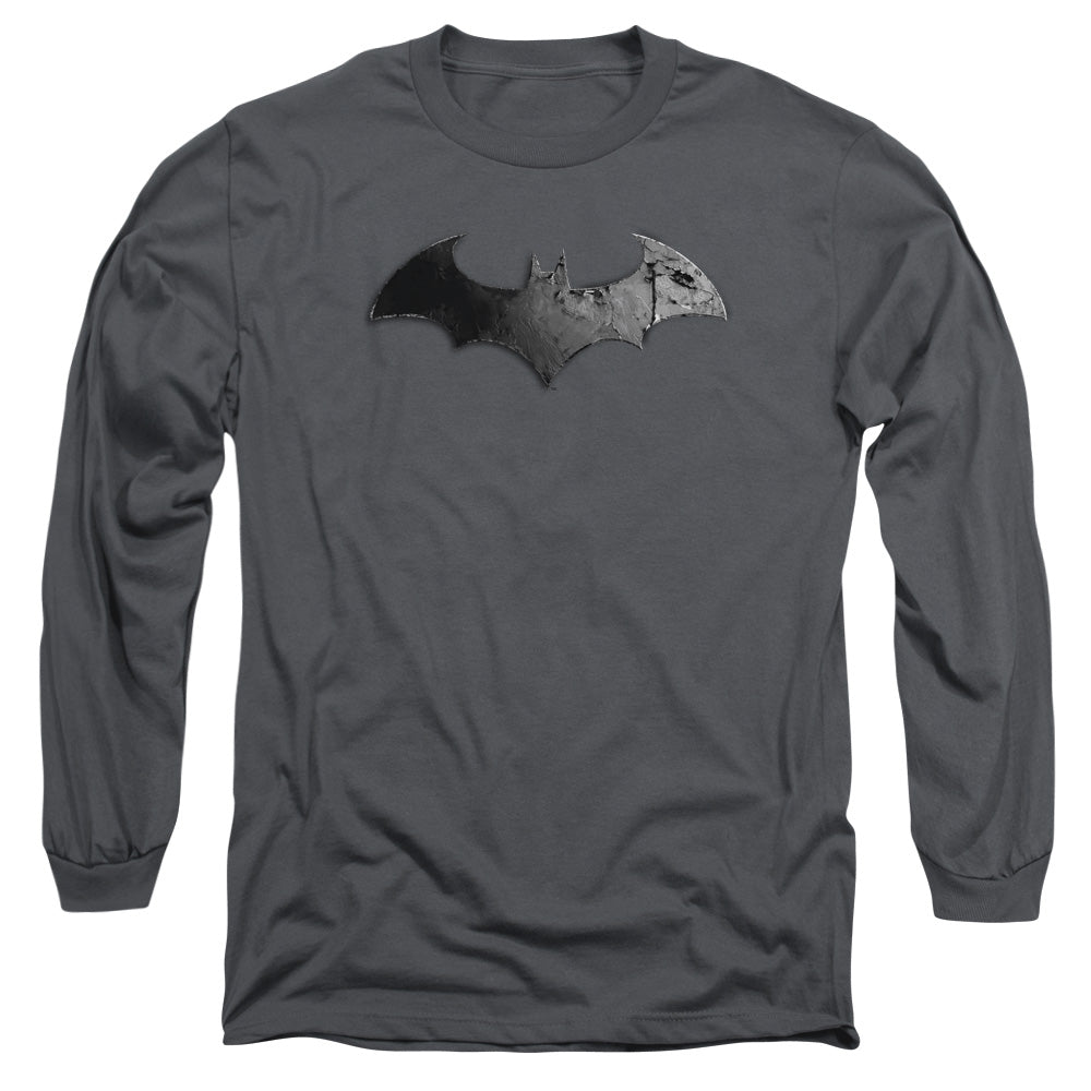 AN OFFCIALLY LICENSED ARKHAM CITY BAT LOGO MEN'S LONG SLEEVE T-SHIRT CHARCOAL