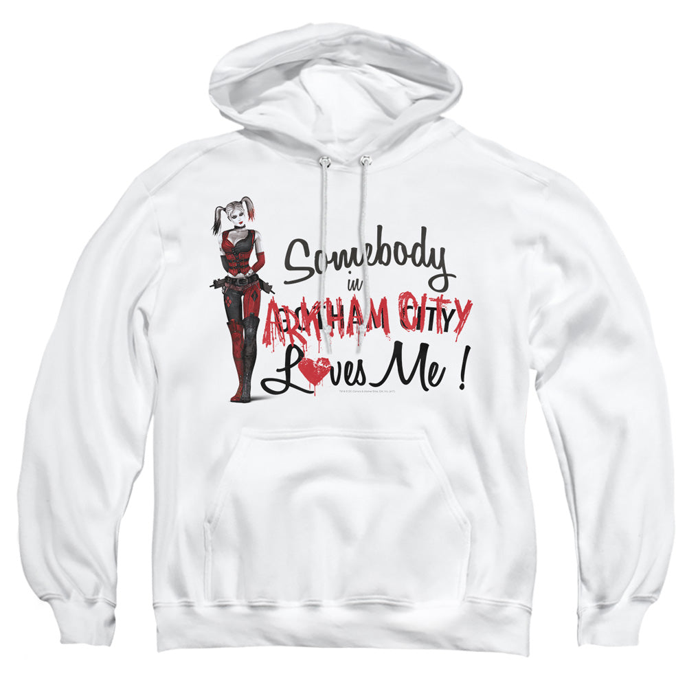 AN OFFCIALLY LICENSED ARKHAM CITY SOMEBODY LOVES ME ADULT UNISEX PULLOVER HOODIE WHITE
