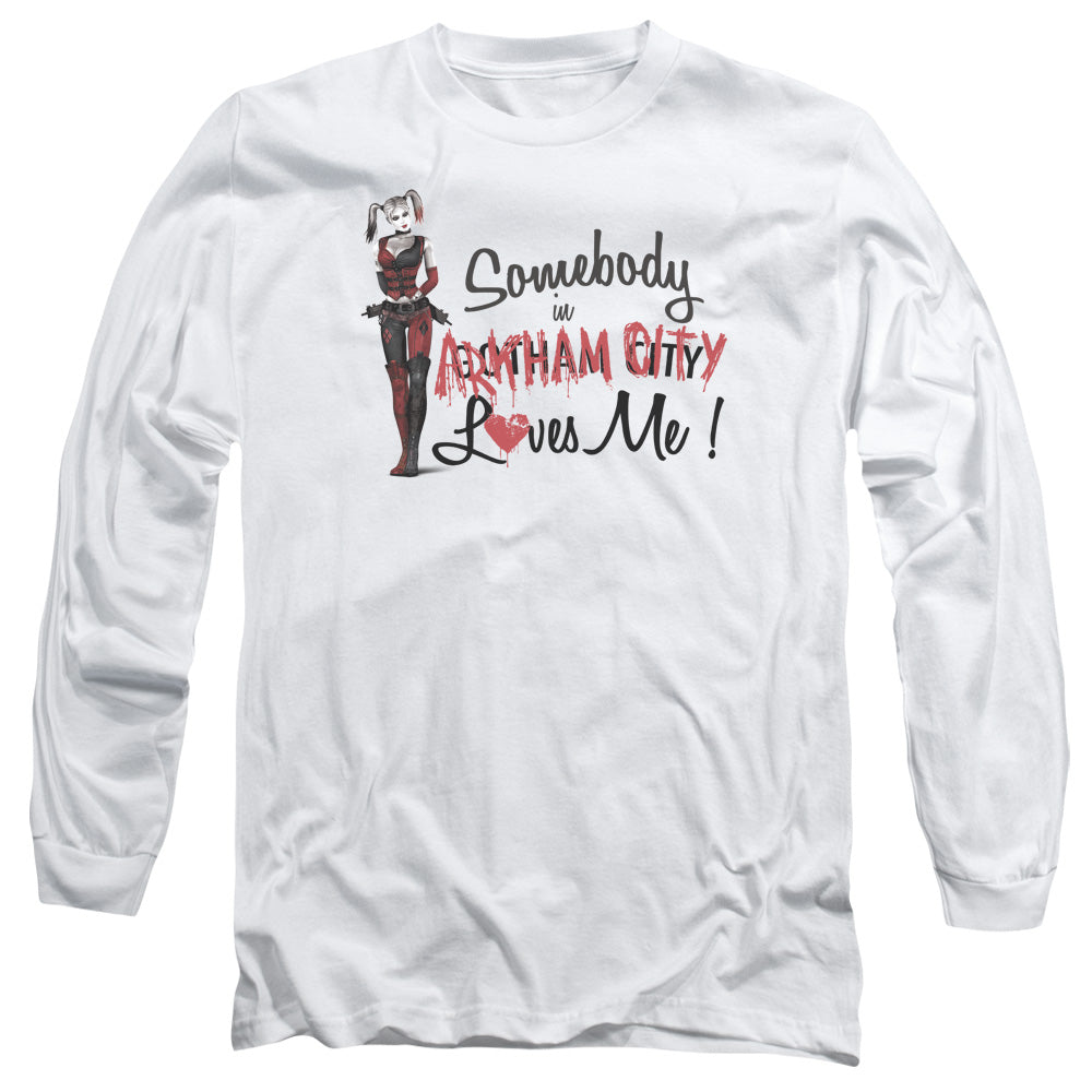 AN OFFCIALLY LICENSED ARKHAM CITY SOMEBODY LOVES ME MEN'S LONG SLEEVE T-SHIRT WHITE