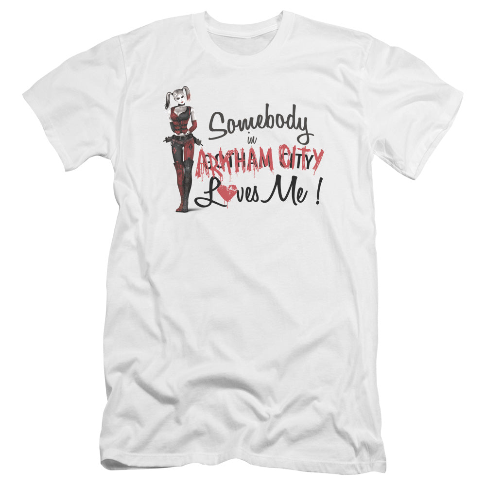 AN OFFCIALLY LICENSED ARKHAM CITY SOMEBODY LOVES ME MEN'S PREMIUM SLIM FIT T-SHIRT WHITE