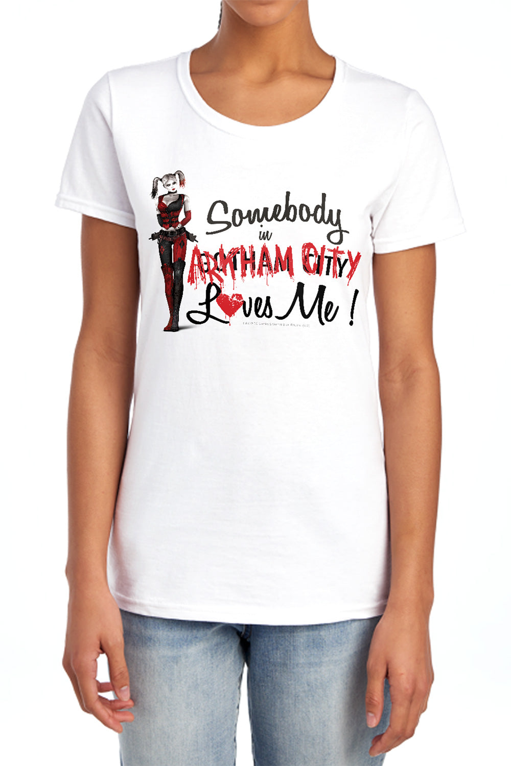 AN OFFCIALLY LICENSED ARKHAM CITY SOMEBODY LOVES ME WOMEN'S REGULAR FIT T-SHIRT WHITE