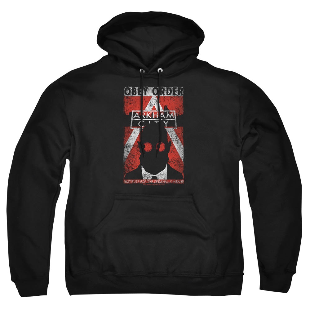 AN OFFCIALLY LICENSED ARKHAM CITY OBEY ORDER POSTER ADULT UNISEX PULLOVER HOODIE BLACK
