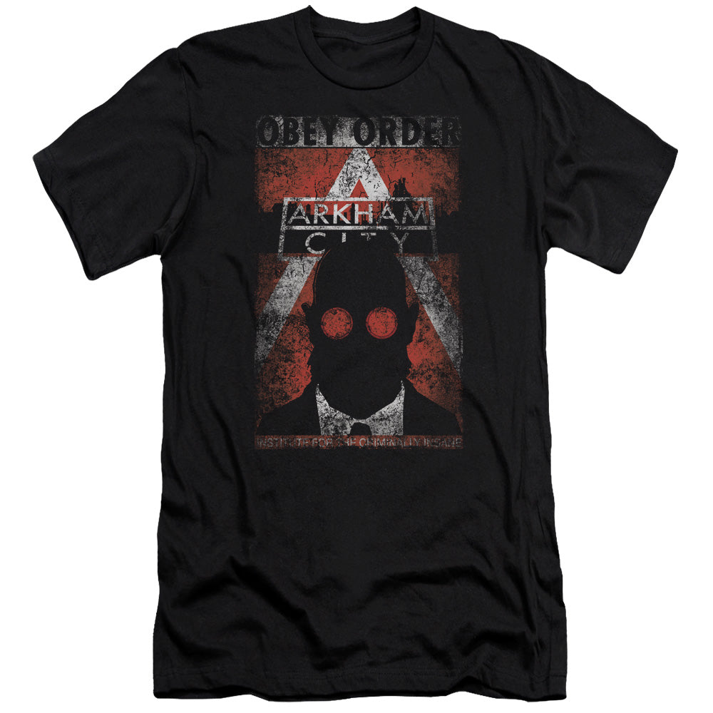 AN OFFCIALLY LICENSED ARKHAM CITY OBEY ORDER POSTER MEN'S PREMIUM SLIM FIT T-SHIRT BLACK