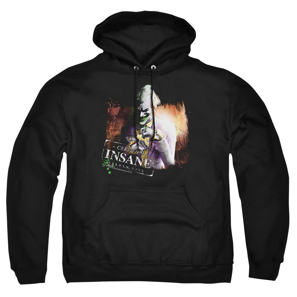 AN OFFCIALLY LICENSED ARKHAM CITY CERTIFIED INSANE ADULT UNISEX PULLOVER HOODIE BLACK