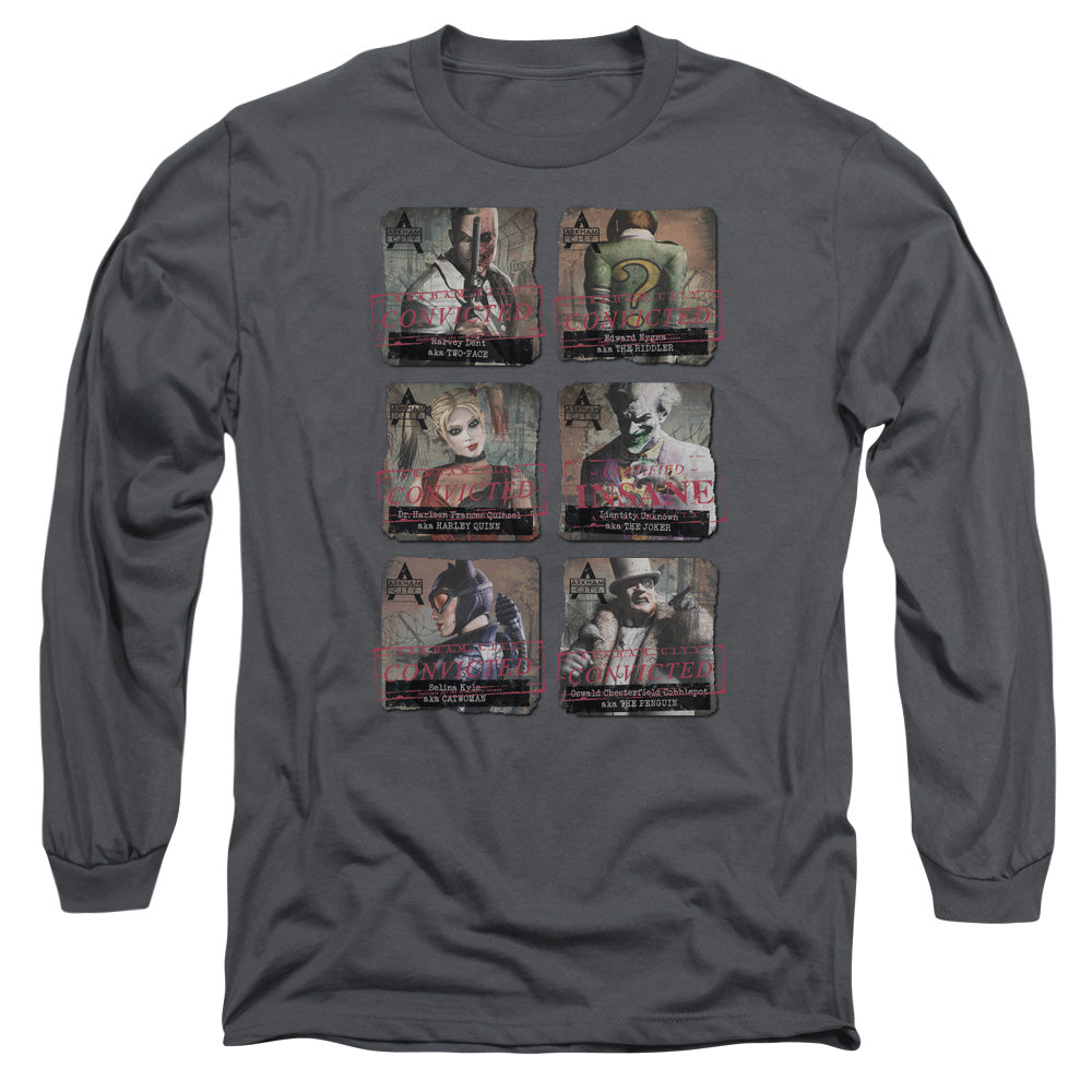 AN OFFCIALLY LICENSED ARKHAM CITY ARKHAM LINEUP MEN'S LONG SLEEVE T-SHIRT CHARCOAL