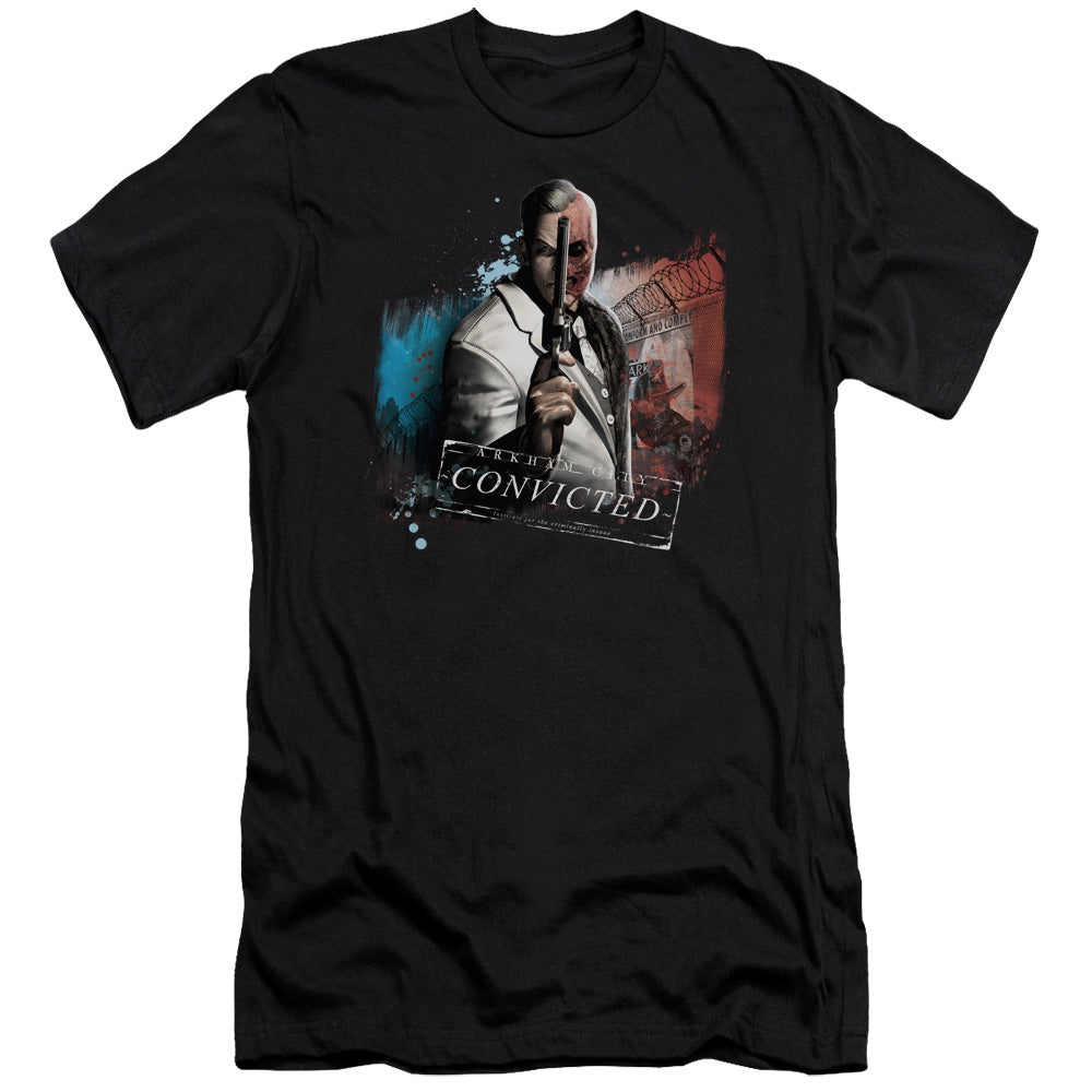 AN OFFCIALLY LICENSED ARKHAM CITY TWO FACE MEN'S PREMIUM SLIM FIT T-SHIRT BLACK