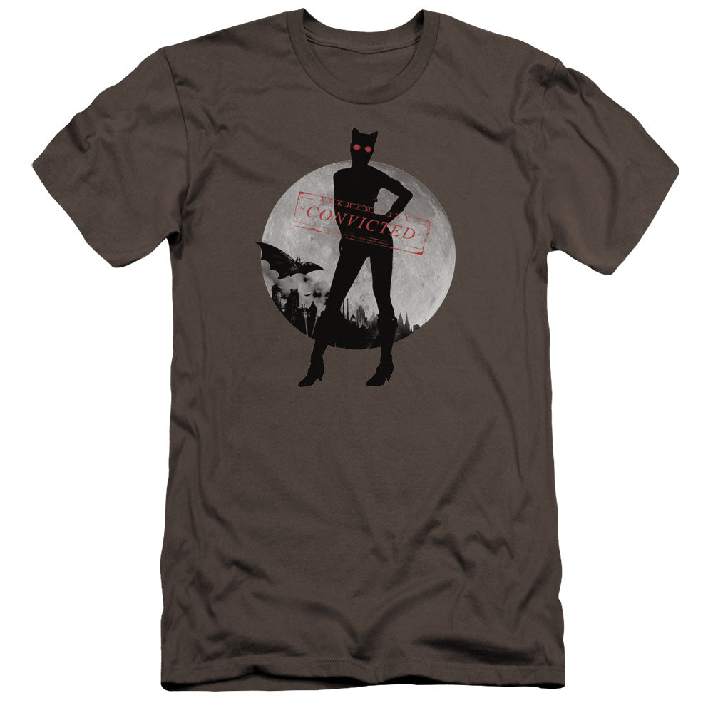 AN OFFCIALLY LICENSED ARKHAM CITY CATWOMAN CONVICTED MEN'S PREMIUM SLIM FIT T-SHIRT CHARCOAL