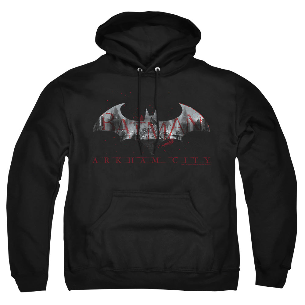 AN OFFCIALLY LICENSED ARKHAM CITY BAT FILL ADULT UNISEX PULLOVER HOODIE BLACK