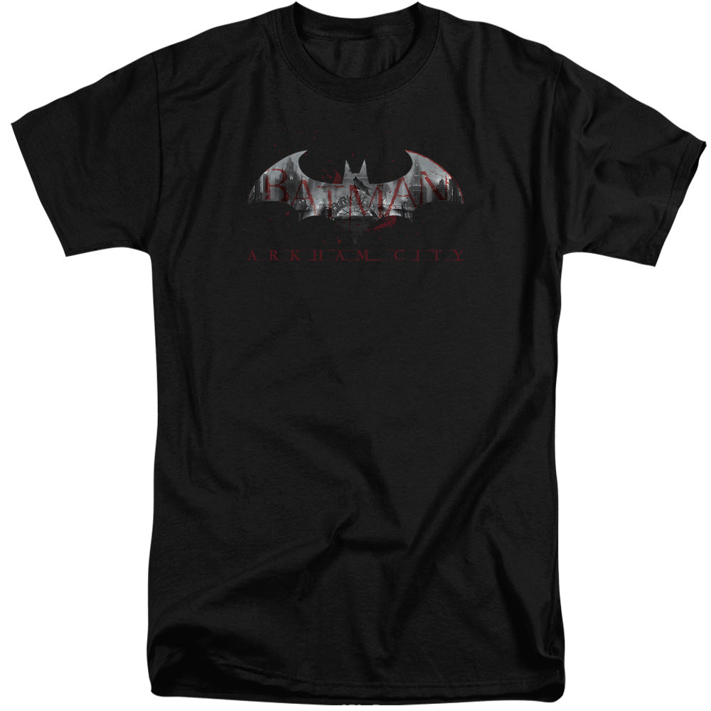AN OFFCIALLY LICENSED ARKHAM CITY BAT FILL MEN'S TALL FIT T-SHIRT BLACK