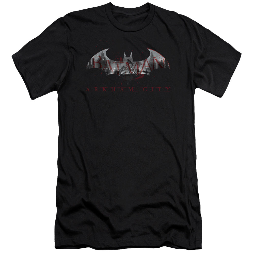 AN OFFCIALLY LICENSED ARKHAM CITY BAT FILL MEN'S PREMIUM SLIM FIT T-SHIRT BLACK