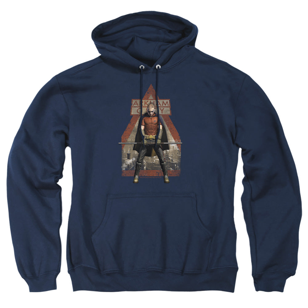 AN OFFCIALLY LICENSED ARKHAM CITY ARKHAM ROBIN ADULT UNISEX PULLOVER HOODIE NAVY