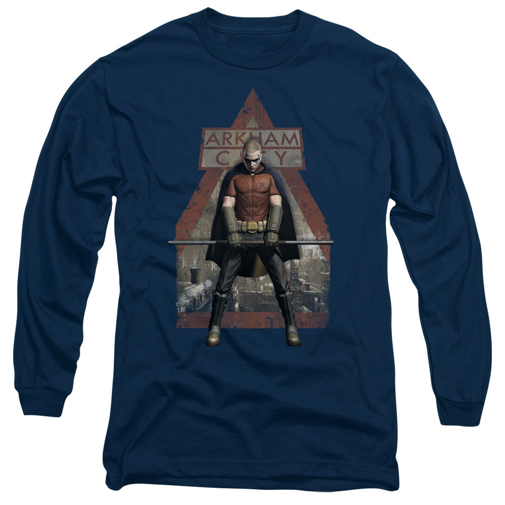 AN OFFCIALLY LICENSED ARKHAM CITY ARKHAM ROBIN MEN'S LONG SLEEVE T-SHIRT NAVY