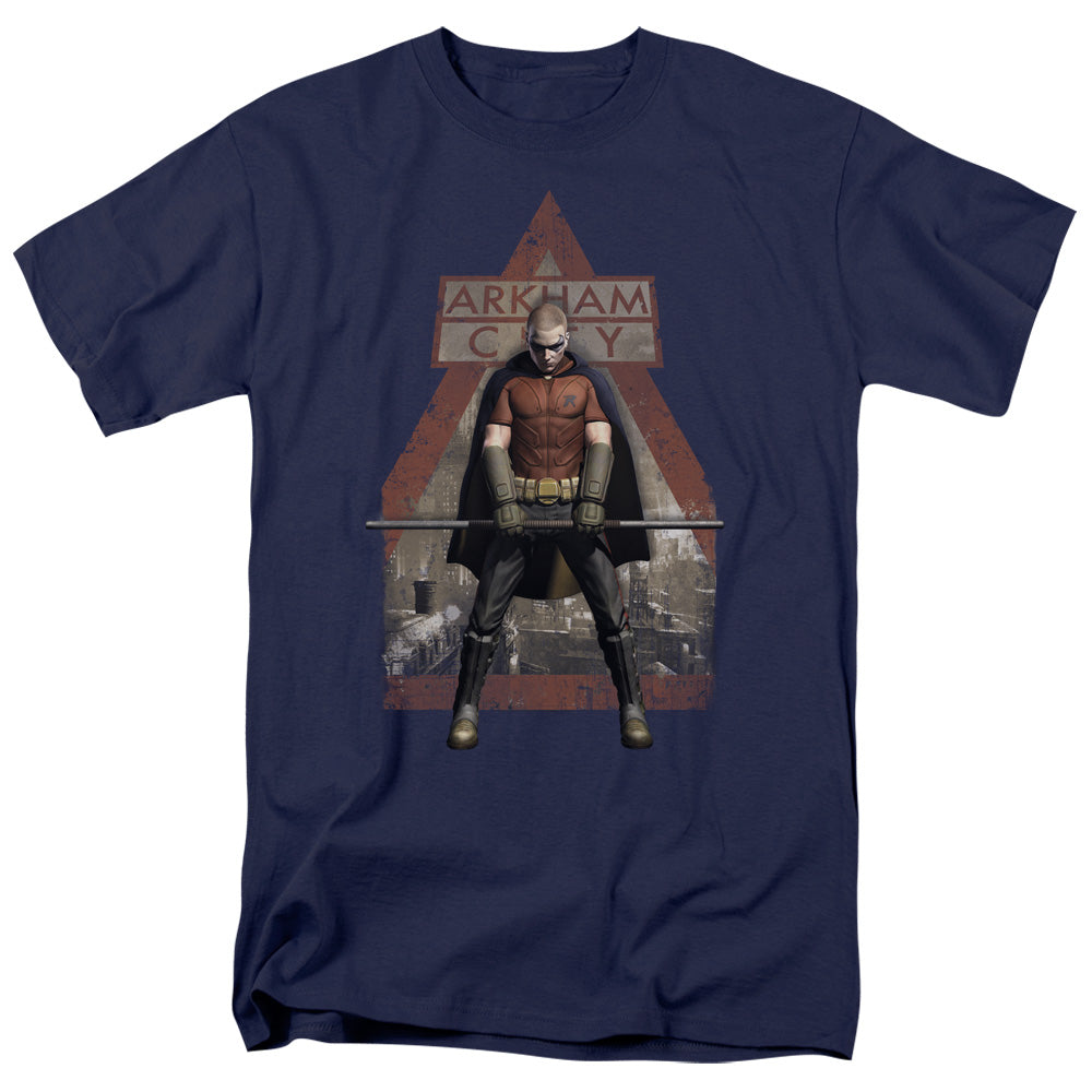 AN OFFCIALLY LICENSED ARKHAM CITY ARKHAM ROBIN MEN'S REGULAR FIT T-SHIRT NAVY