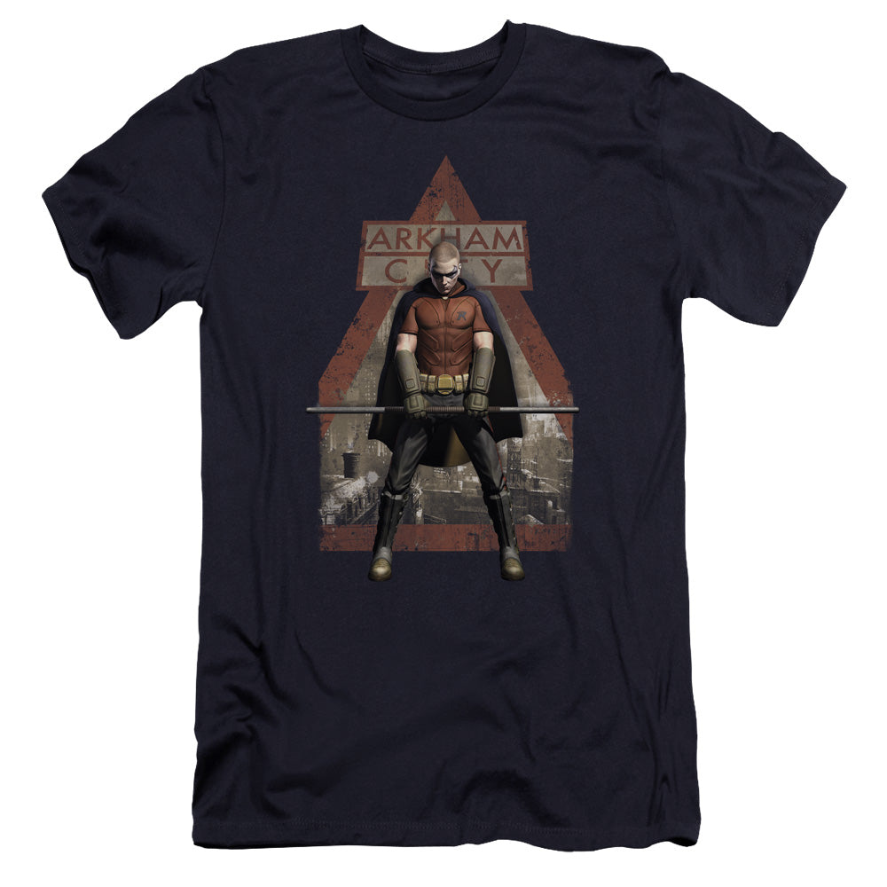 AN OFFCIALLY LICENSED ARKHAM CITY ARKHAM ROBIN MEN'S PREMIUM SLIM FIT T-SHIRT NAVY