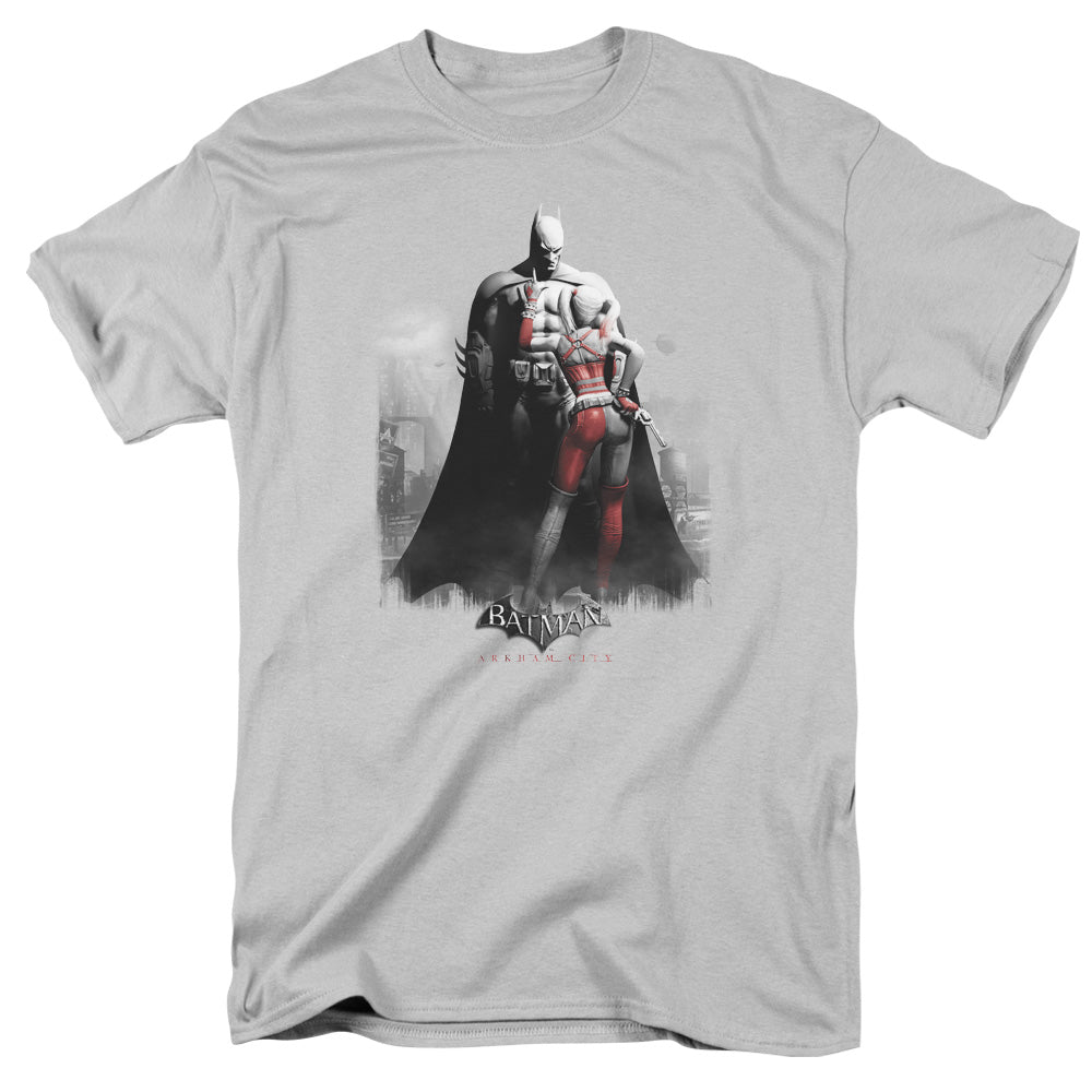 AN OFFCIALLY LICENSED ARKHAM CITY HARLEY AND BATS MEN'S REGULAR FIT T-SHIRT SILVER