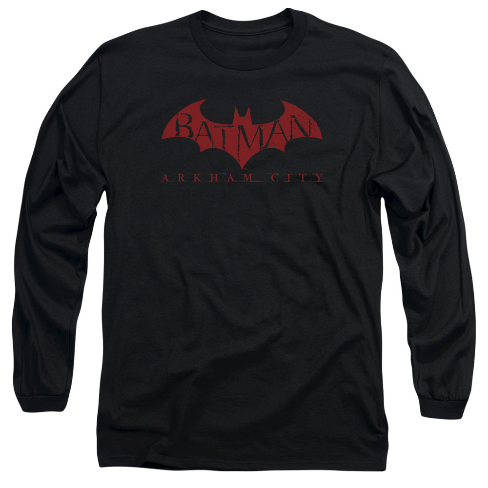 AN OFFCIALLY LICENSED ARKHAM CITY RED BAT MEN'S LONG SLEEVE T-SHIRT BLACK