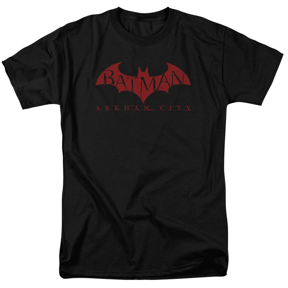 AN OFFCIALLY LICENSED ARKHAM CITY RED BAT MEN'S REGULAR FIT T-SHIRT BLACK