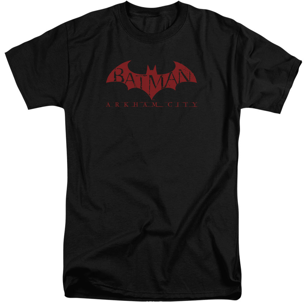 AN OFFCIALLY LICENSED ARKHAM CITY RED BAT MEN'S TALL FIT T-SHIRT BLACK