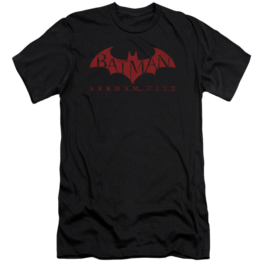 AN OFFCIALLY LICENSED ARKHAM CITY RED BAT MEN'S PREMIUM SLIM FIT T-SHIRT BLACK