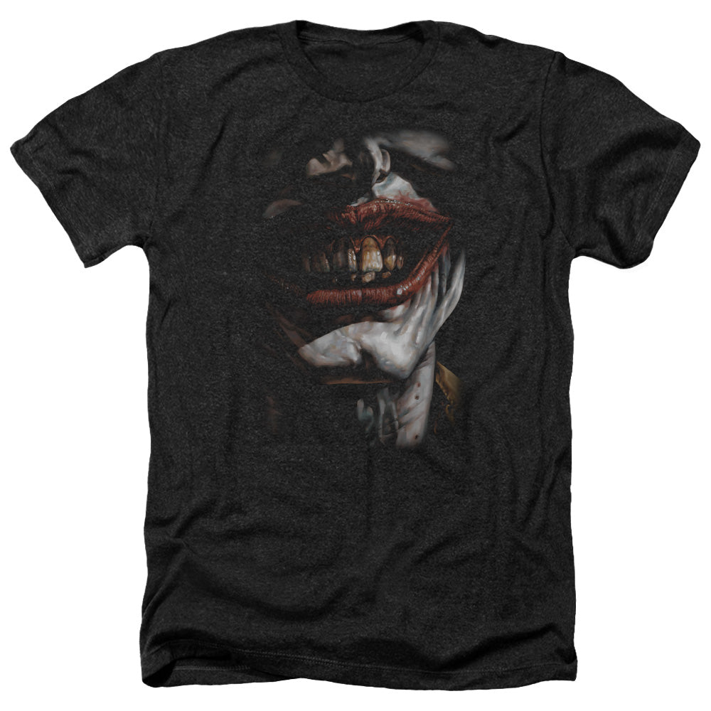 AN OFFCIALLY LICENSED BATMAN SMILE OF EVIL MEN'S HEATHER T-SHIRT CHARCOAL