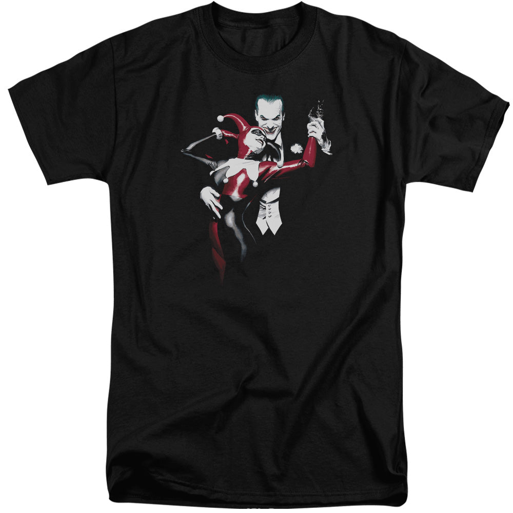 AN OFFCIALLY LICENSED BATMAN HARLEY AND JOKER MEN'S TALL FIT T-SHIRT BLACK