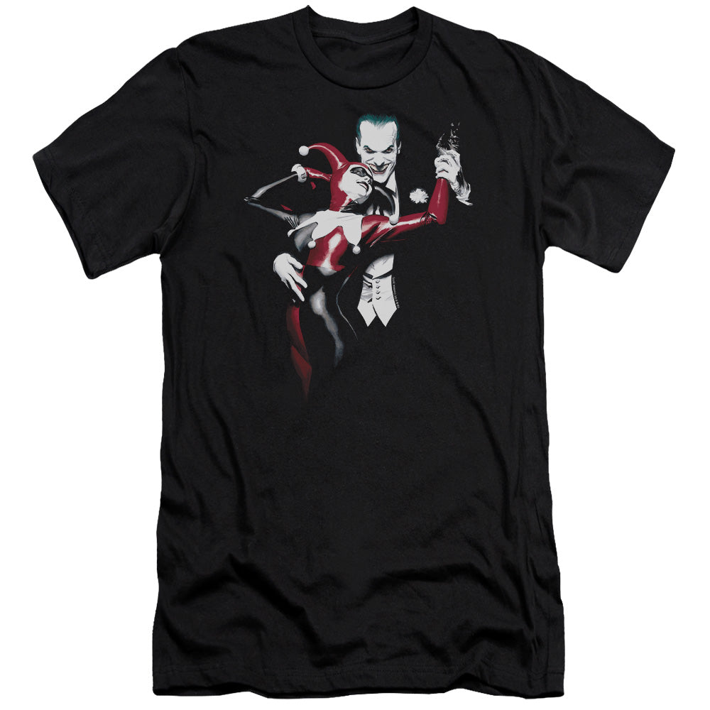 AN OFFCIALLY LICENSED BATMAN HARLEY AND JOKER MEN'S PREMIUM SLIM FIT T-SHIRT BLACK